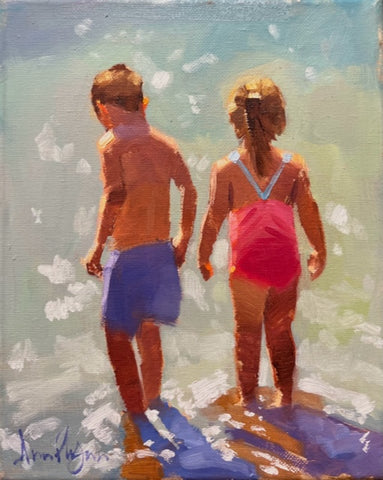 Oil study boy and girl at the beach