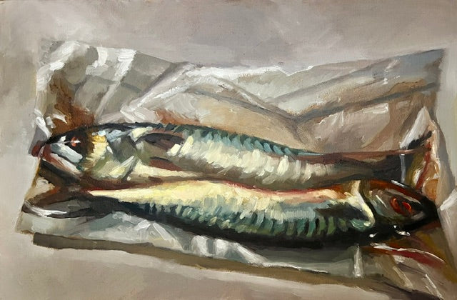 ‘Two Mackerel’ -This painting will be available from the Mall Galleries London, for enquiries get in touch via my contact link below.