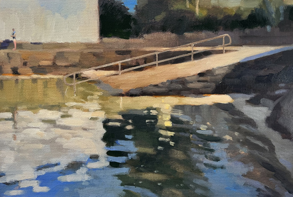 Swimmer at Sandycove Beach.  This painting will be available from the Mall Galleries London, for enquiries get in touch via my contact link below.
