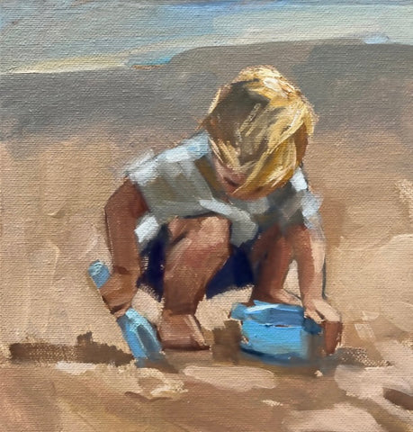 Boy playing in the sand, oil study